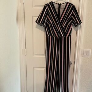 Striped green pink white and black jumpsuit